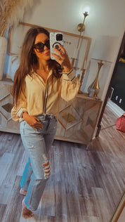 Chic Oatmeal and Black Button Up Top