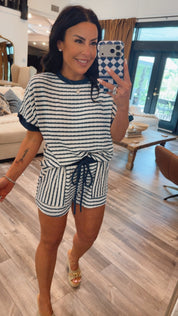 Navy and White Striped Set Top And Shorts