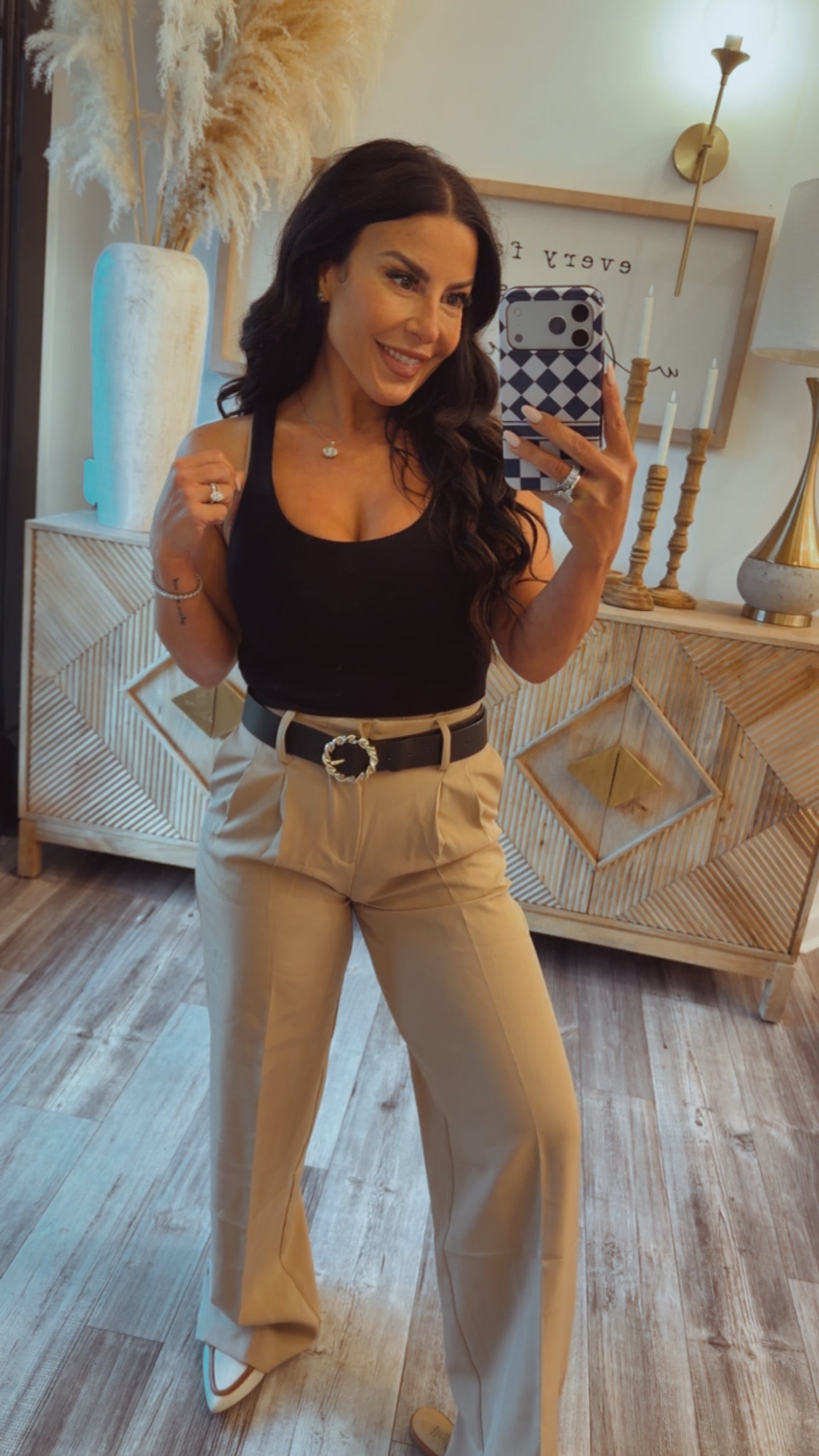 Khaki Wide Leg Belted Pants