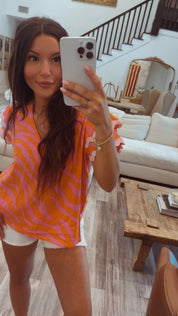 Orange Pink Vneck Linen Top
