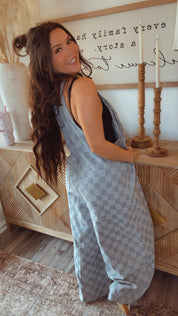 Denim Blue Checkered Wide Leg Jumpsuit
