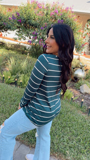 Hunter Green and White Ribbed Long Sleeve Top