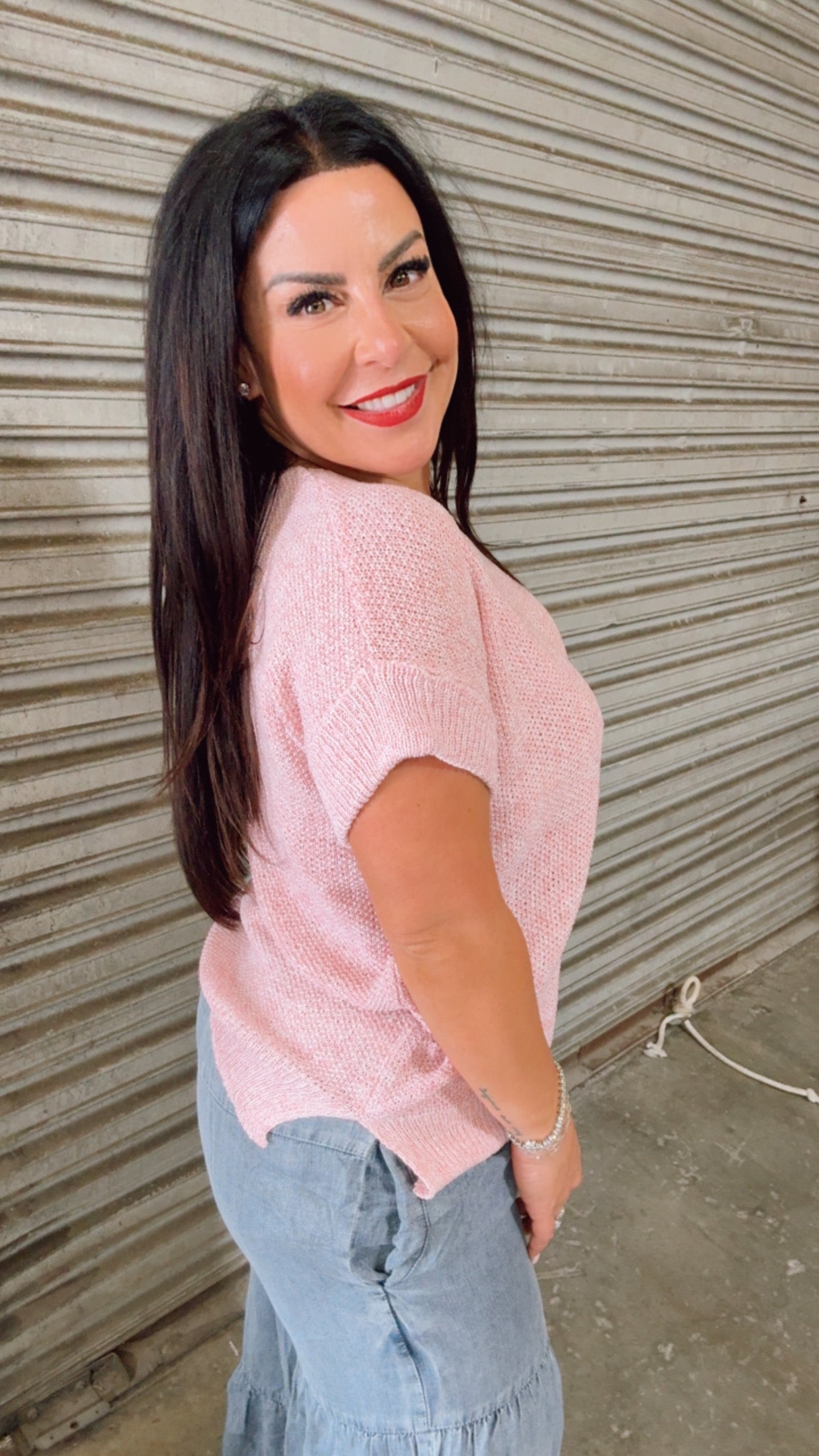 Chic Dusty Pink Knit Short Sleeve Sweater Top