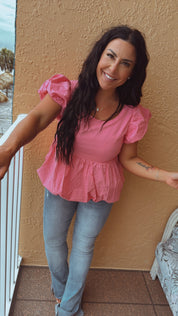 Light Pink Bubble Sleeve Baby Doll Top