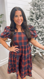 Navy and Red Plaid Puff Sleeve Dress