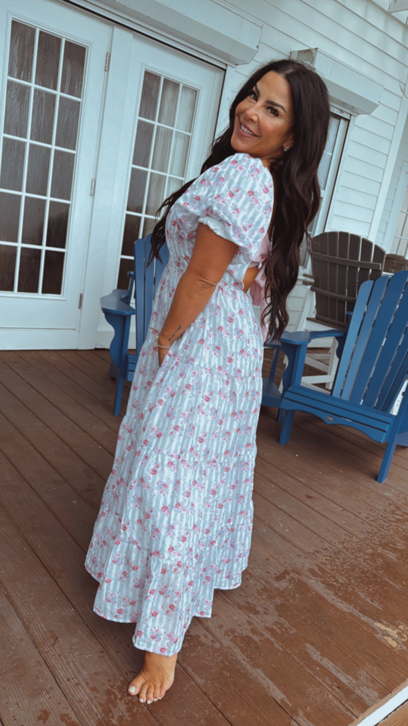 Blue and White and Pink Floral and Striped Midi Dress