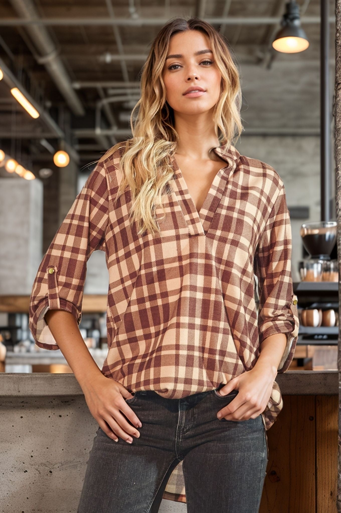 Brown Button Sleeve Collar Multi Color Plaid Top
