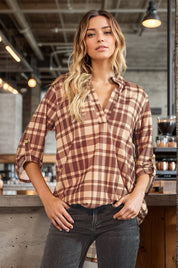 Brown Button Sleeve Collar Multi Color Plaid Top