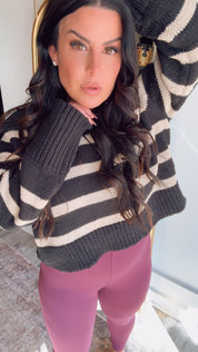 Black and Taupe Striped Collared Knit Wool Sweater