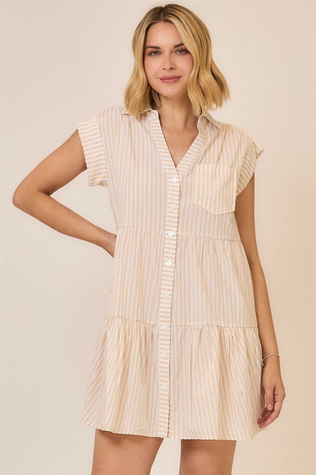 Cozy Co Striped Cap Sleeve Tiered Button Down Mini Dress 30a