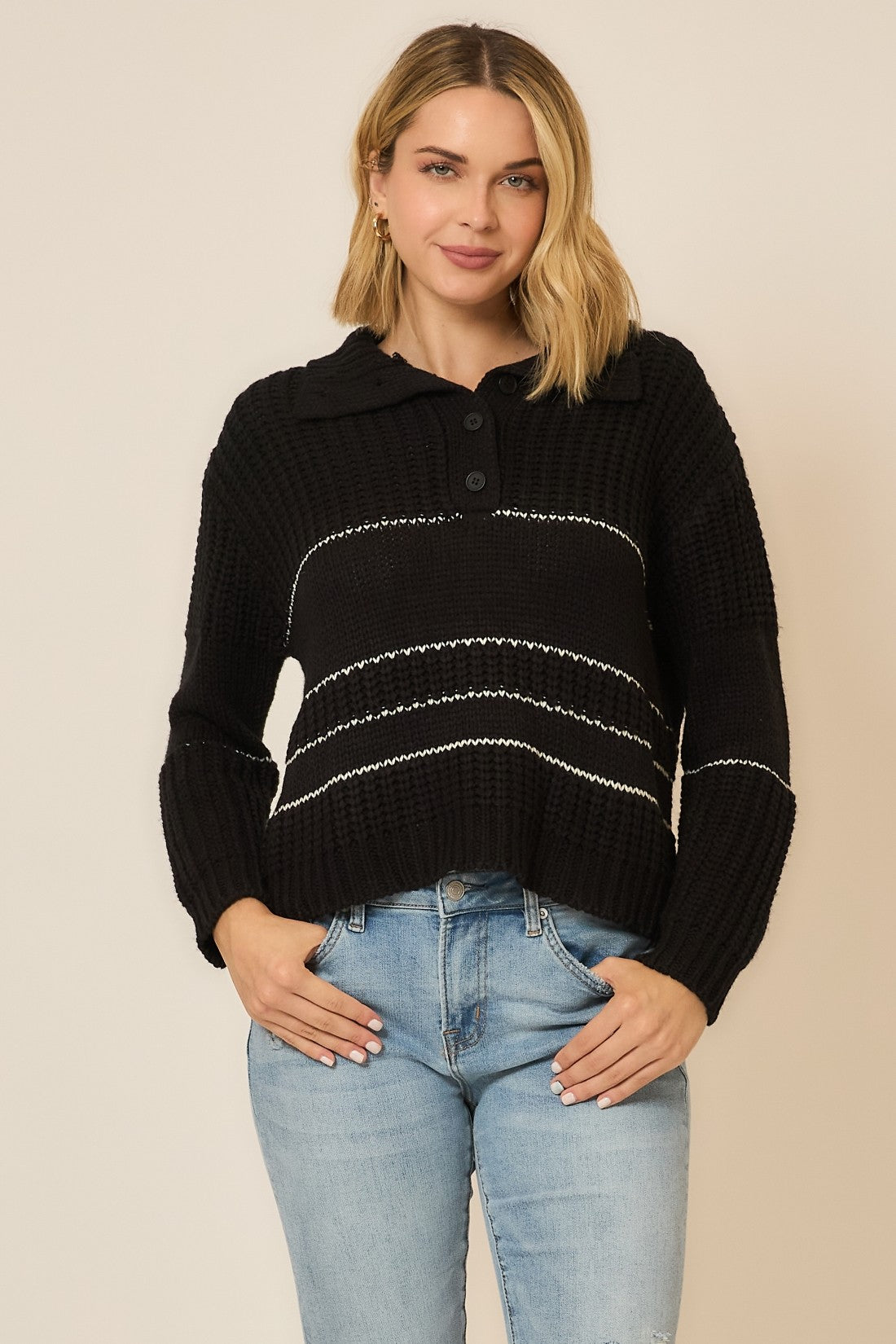 Cozy Co Black Black Knit Collared Button Sweater