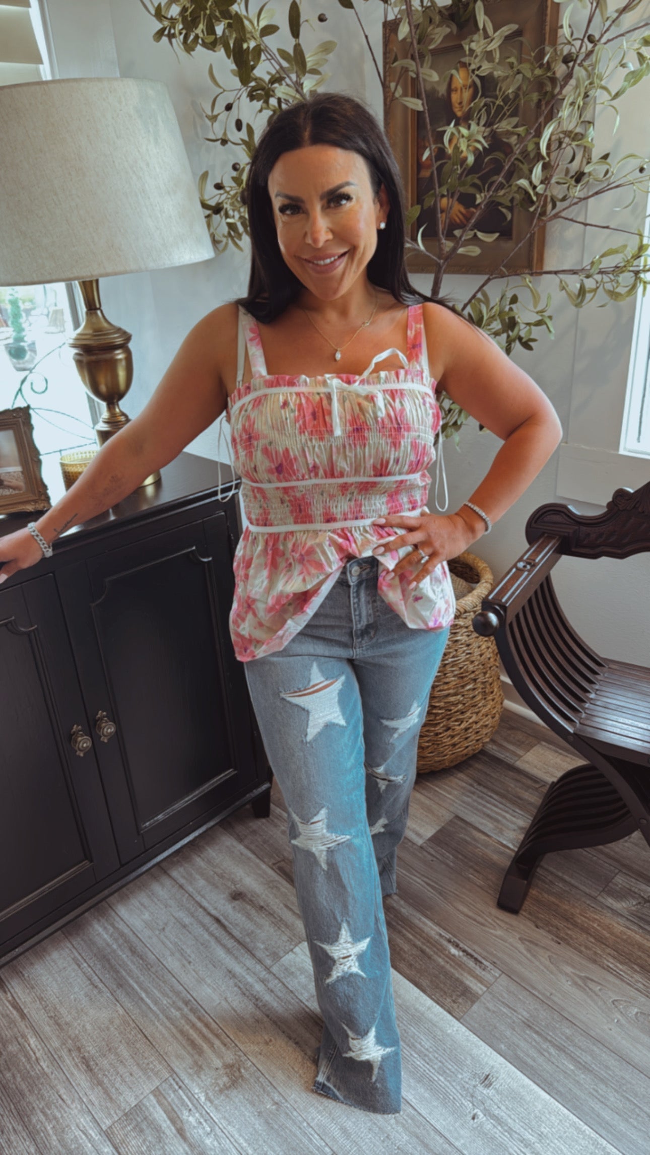 Judy Blue Medium Wash High Waist Distressed Star Straight Leg Jeans