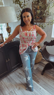 Judy Blue Medium Wash High Waist Distressed Star Straight Leg Jeans