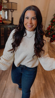 Cozy Co White Mock Neck Cable Knit Sleeve Pullover Sweater