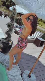 Sassy Cheetah and Floral Two Piece Bathing Suit With Mesh Skirt Bototm