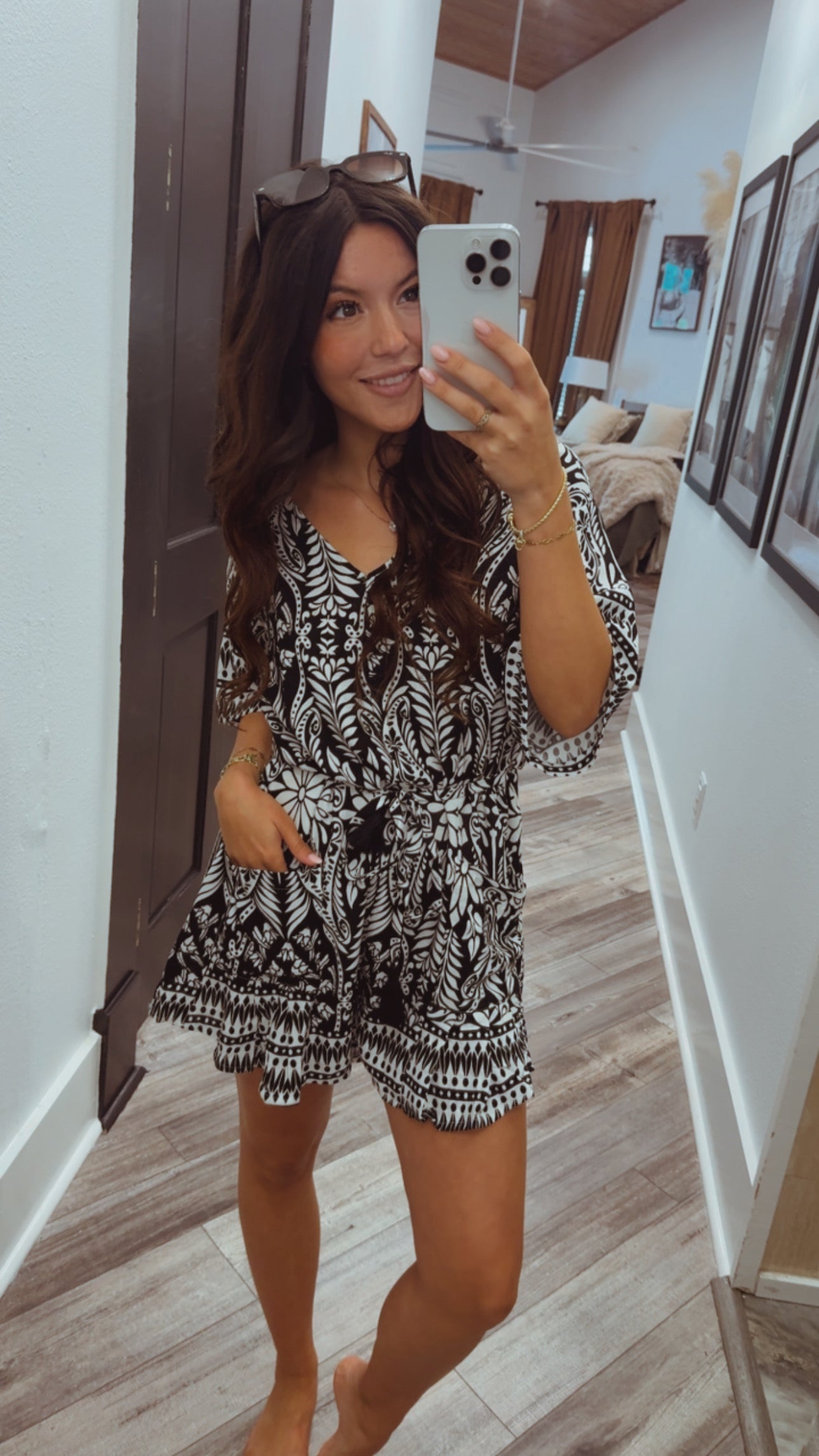 Chic Black and White Floral Romper