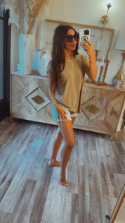 Chic Round Neck Taupe Top