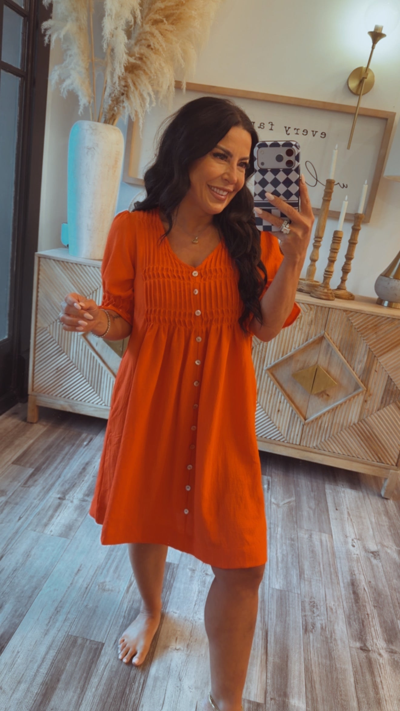 Orange Short Sleeve Button Up Dress