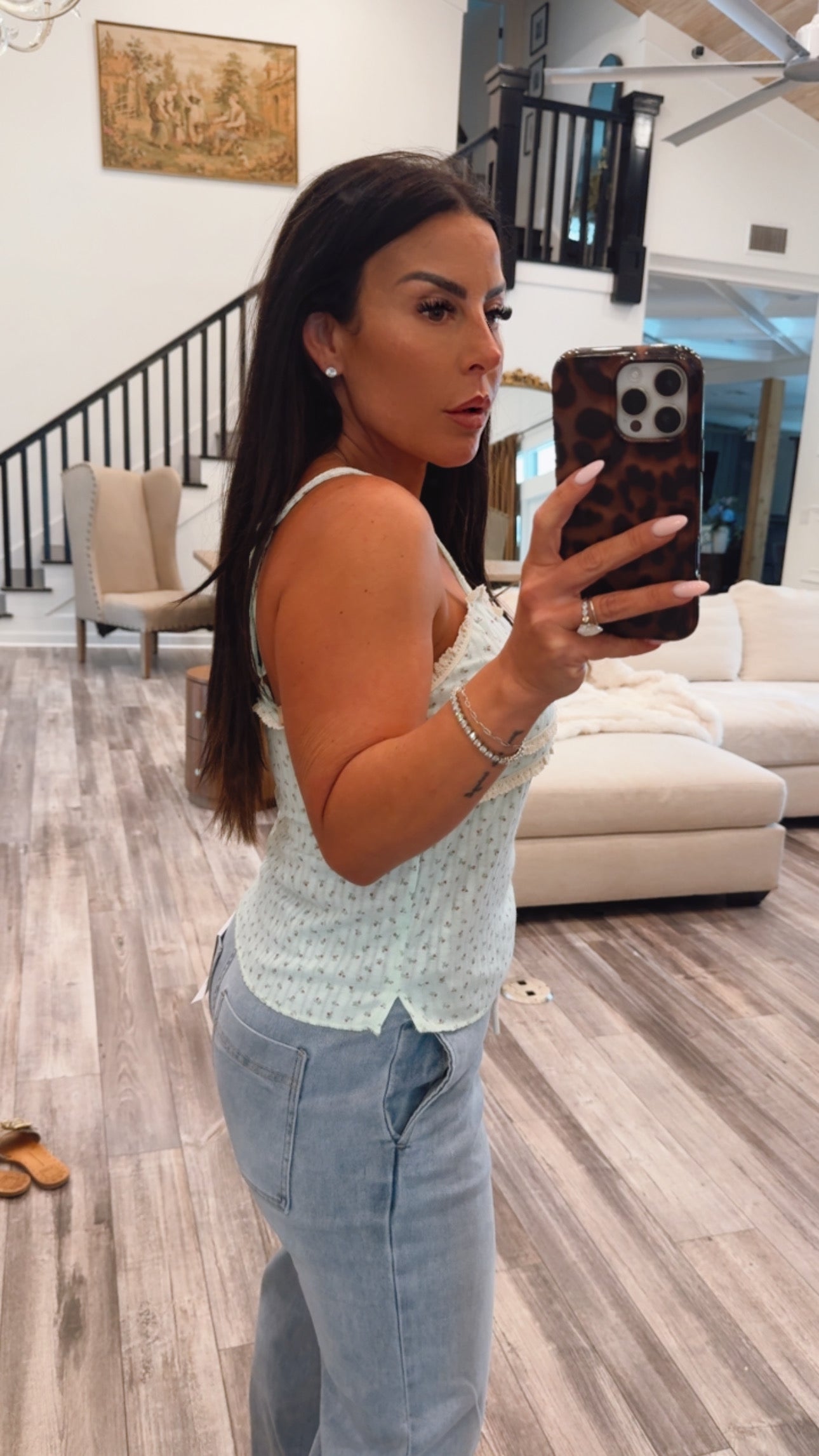 Green Floral Lace Trim POL Tank