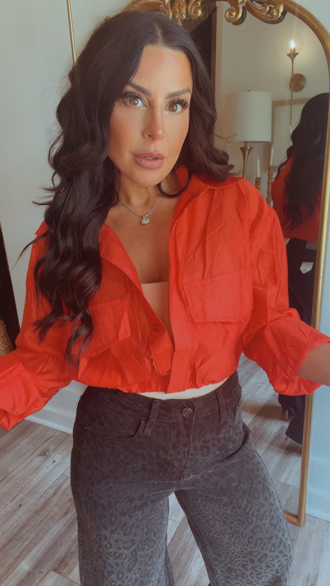 “Heartbreaker” Sassy Red  Lightweight Long Sleeve Button Up Crop Blouse
