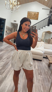 Cream Linen Floral Embroidered Shorts