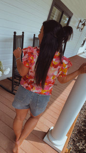 Red and Pink Watercolor Floral Ruffle Sleeve Top