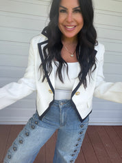 Chic White and Black Trim Gold Button Blazer