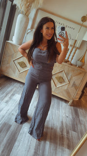 Chic Indigo and  White Stripe Cutout Jumpsuit