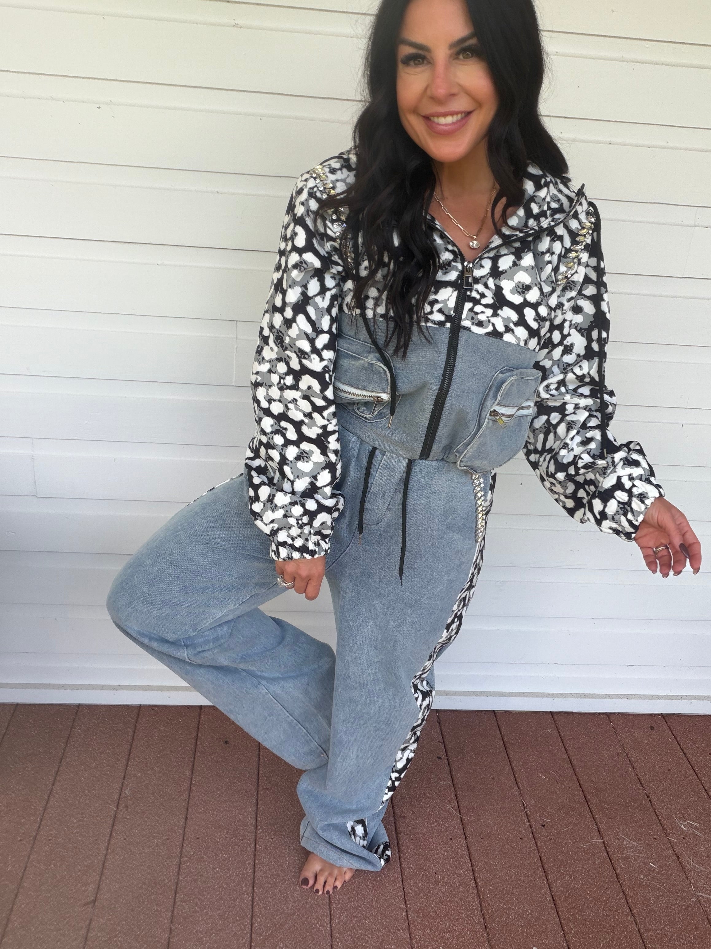 Denim And Cheetah Diva Sparkle Two Piece Set