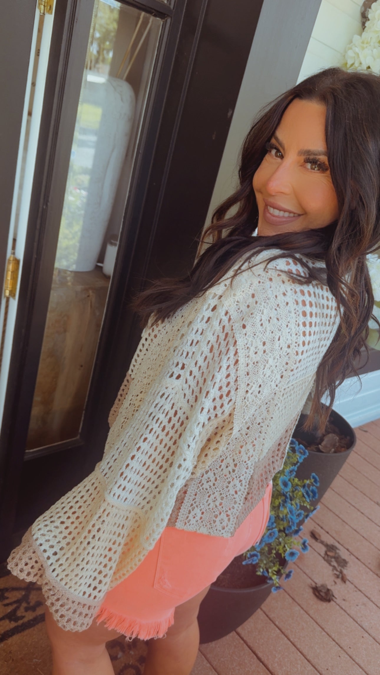 Pol Cream and Beige Crochet Knit Cropped Sweater Top