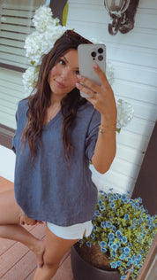 Chic Denim Blue Loose Fit Linen Top