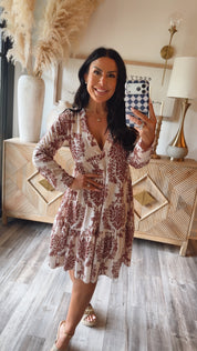 Cream and Brown Piasley Long Sleeve Dress