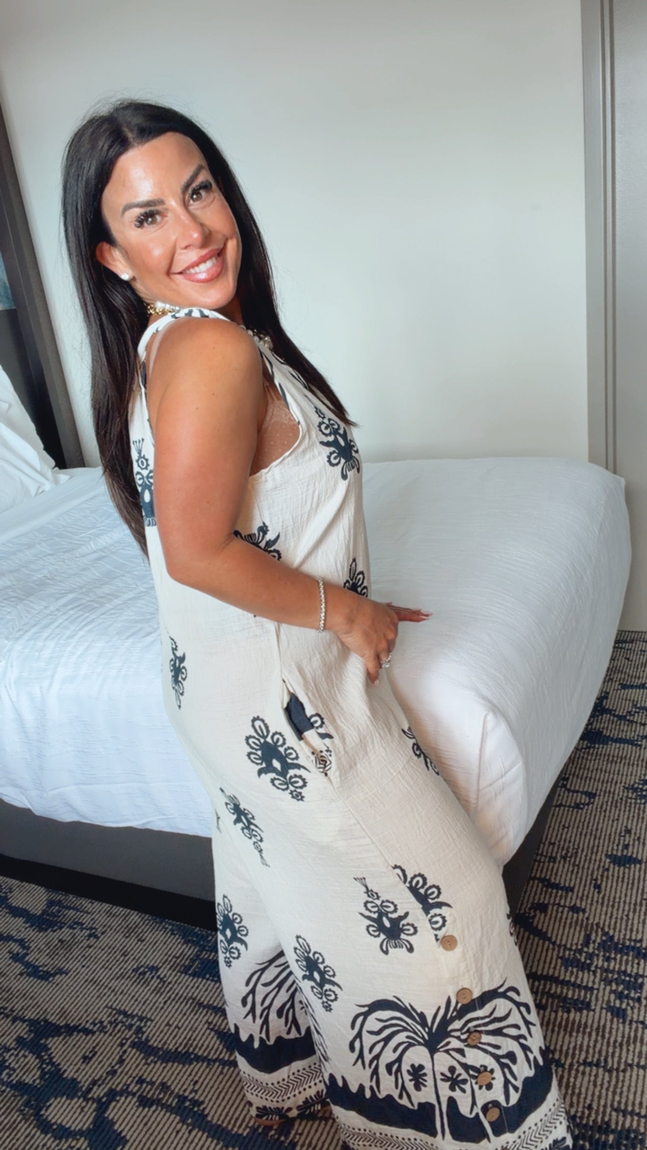 Loose Fit Beige and Navy With Leg Button  Jumpsuit