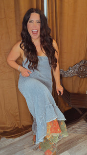 POLDenim Striped Denim and Patchwork Wide Leg Overalls Jumpsuit