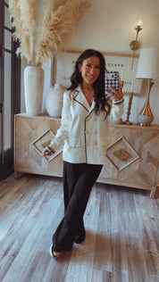 White and Black Trim Diva Gold Button Cardi