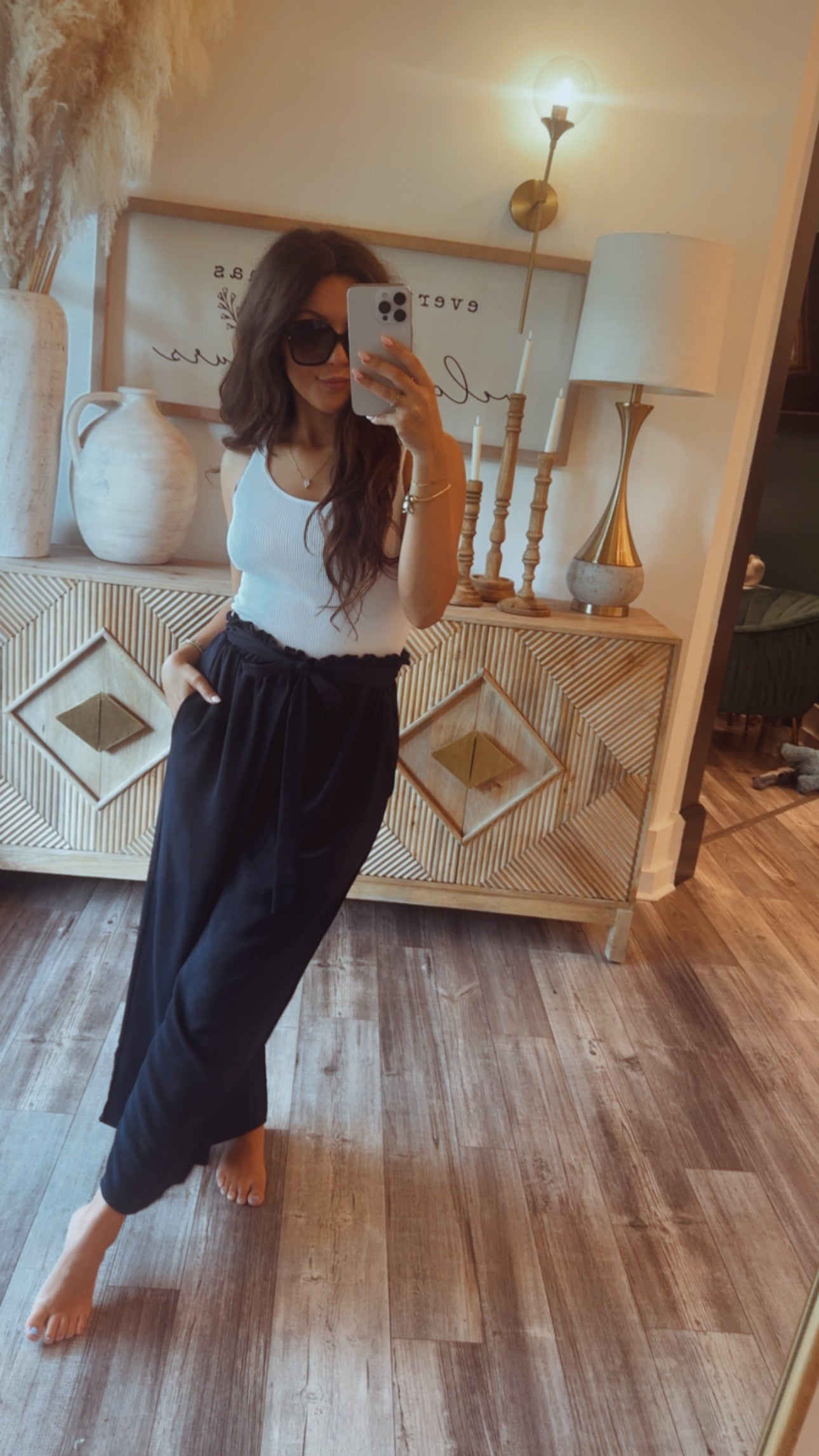 Soft Navy Flowy Pant With Tie Waist