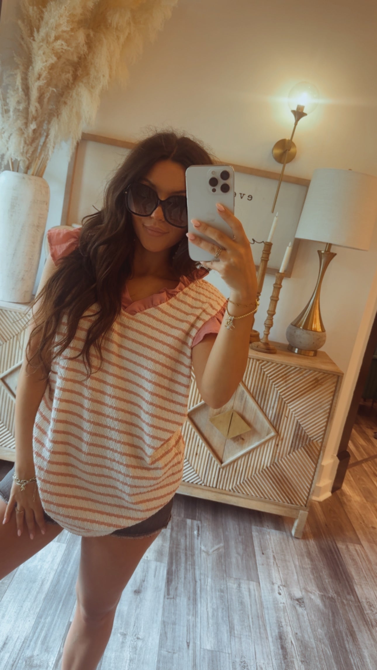 Pink and Cream Stripe Ruffle Sleeve Top