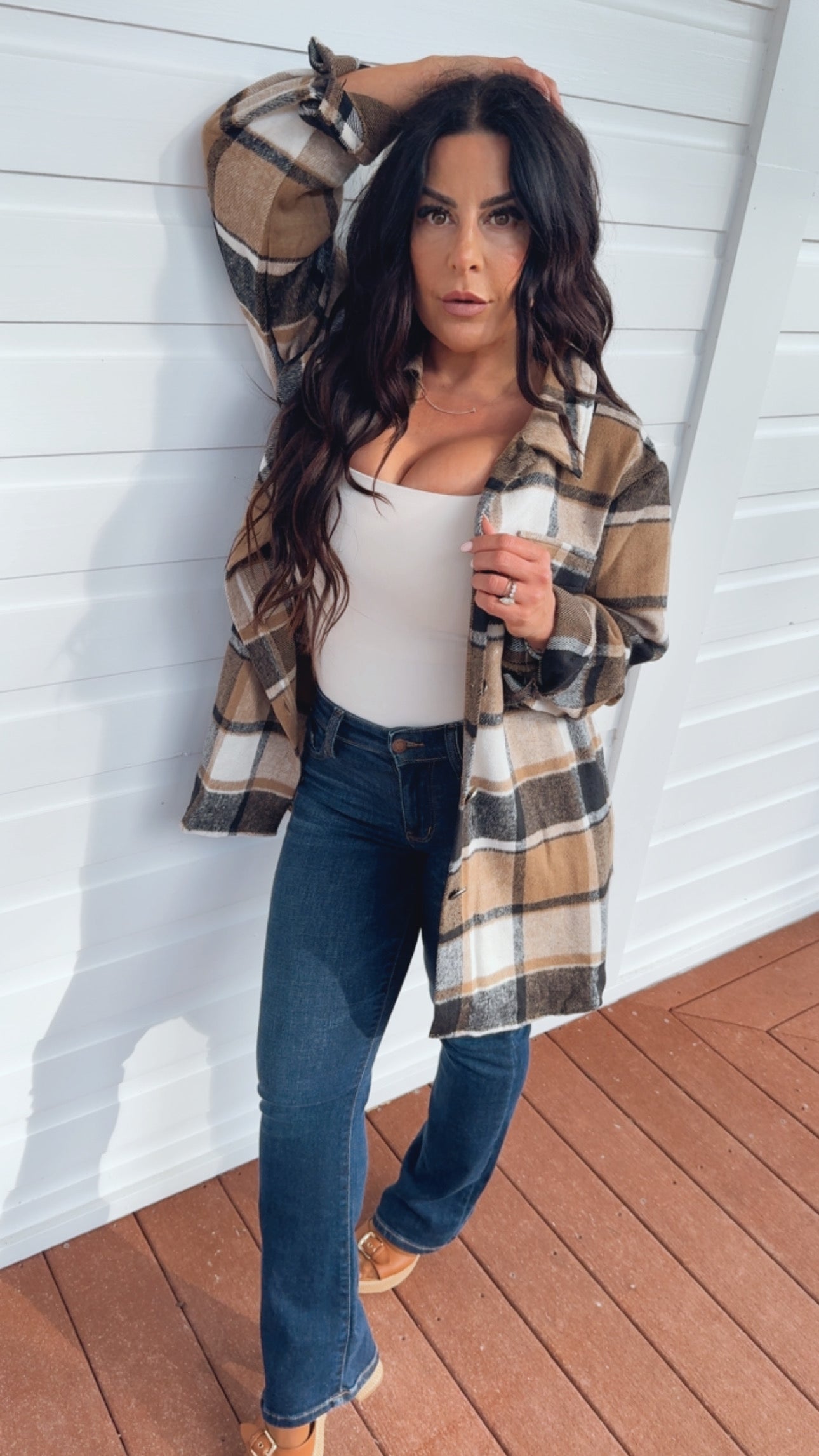 Chic Plush Brown White and Black Plaid Shacket