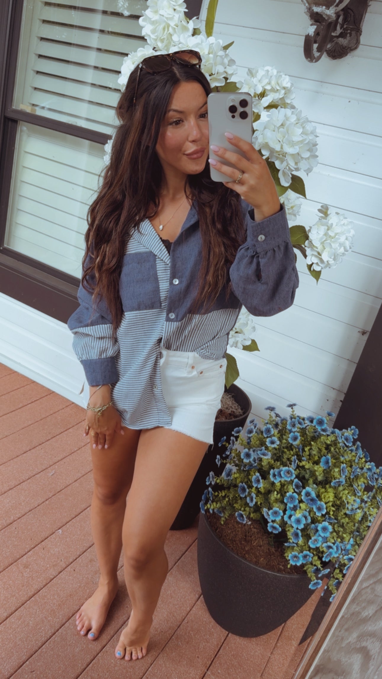 Denim and Ivory Button Up Long Sleeve Top