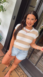 Soft Knit Brown and white  Stripe Cap Sleeve Crop Top