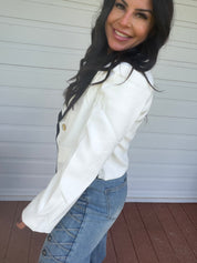 Chic White and Black Trim Gold Button Blazer