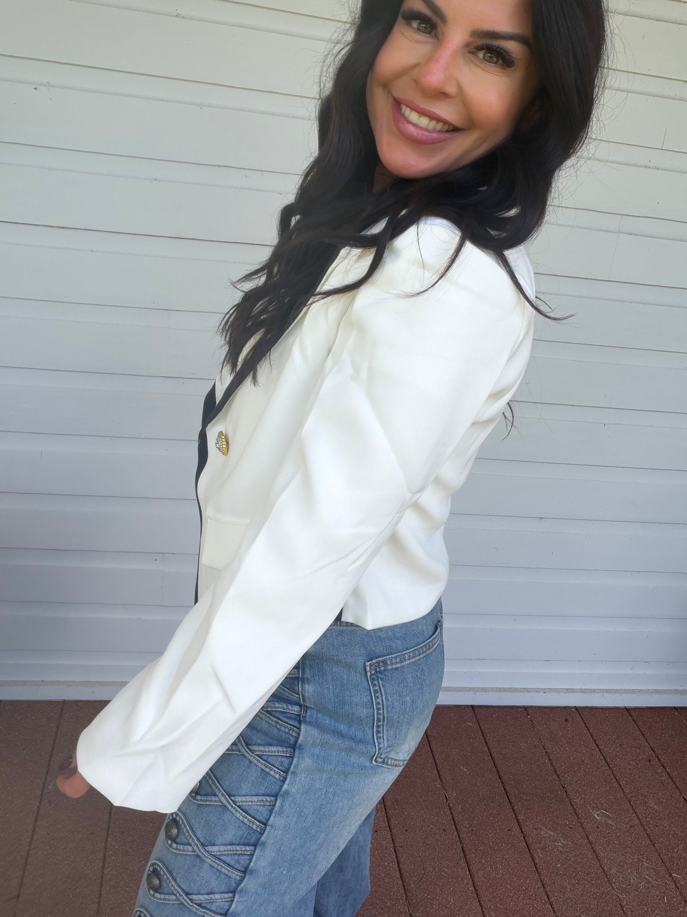 Chic White and Black Trim Gold Button Blazer