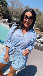 Heaven Soft Blue and Pink Floral Long Sleeve Veeck Top
