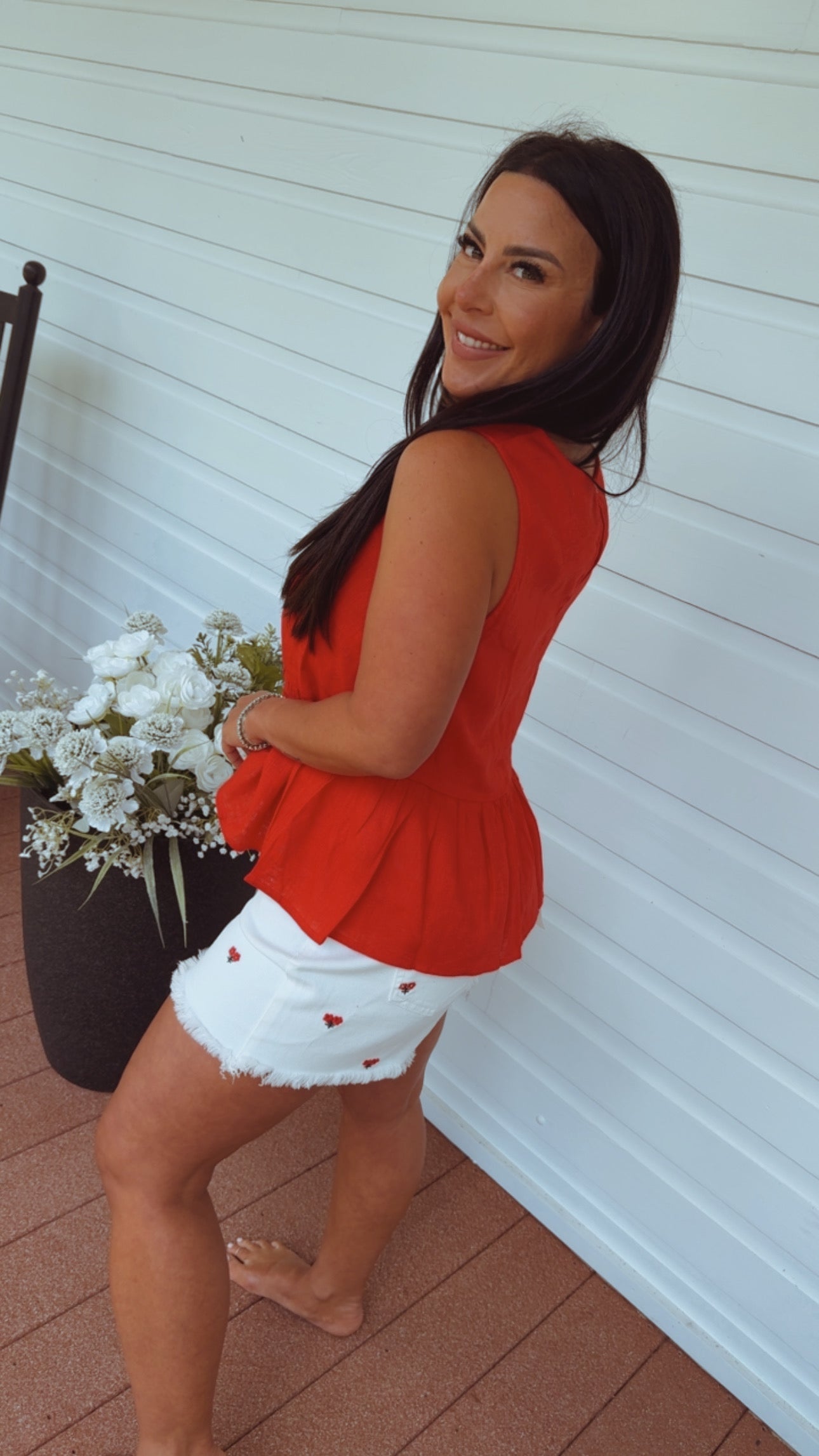 Risen Tummy Control White and Embroidered Floral High Rise Shorts