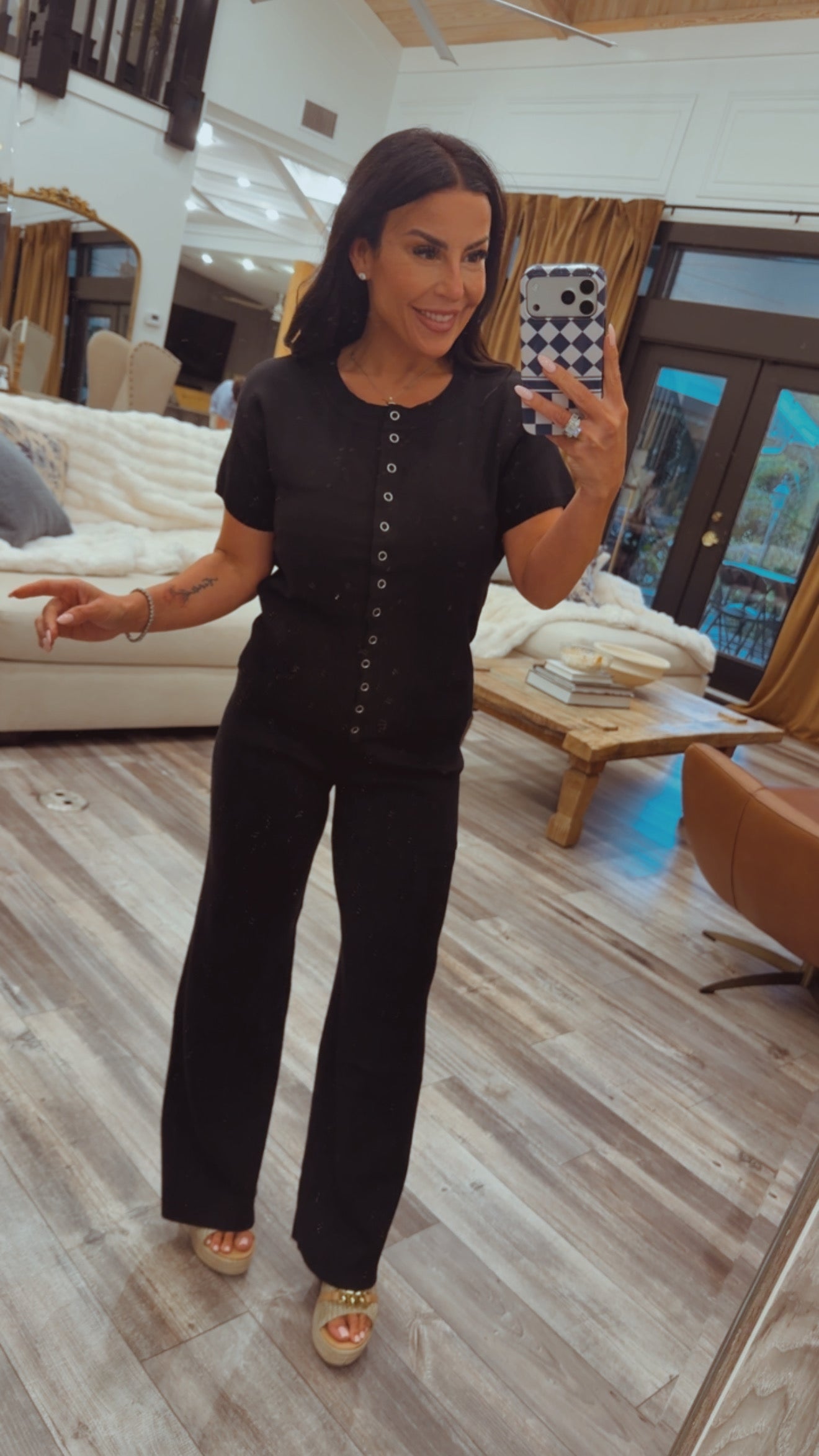 Chic Black Button Up Knit Top and Pants Set