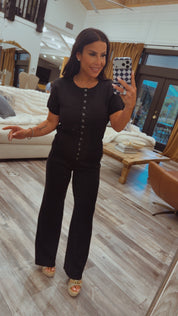Chic Black Button Up Knit Top and Pants Set