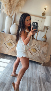 White  Textured Ruffle Strap Tank and Shorts Set