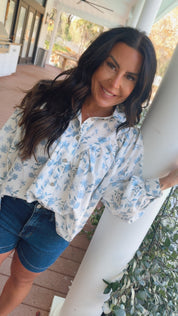 Chic Lightweight Ivory And Navy floral Button Down Top