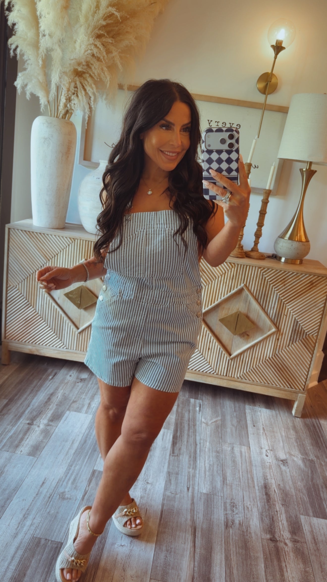 Blue and White Striped Overall Romper
