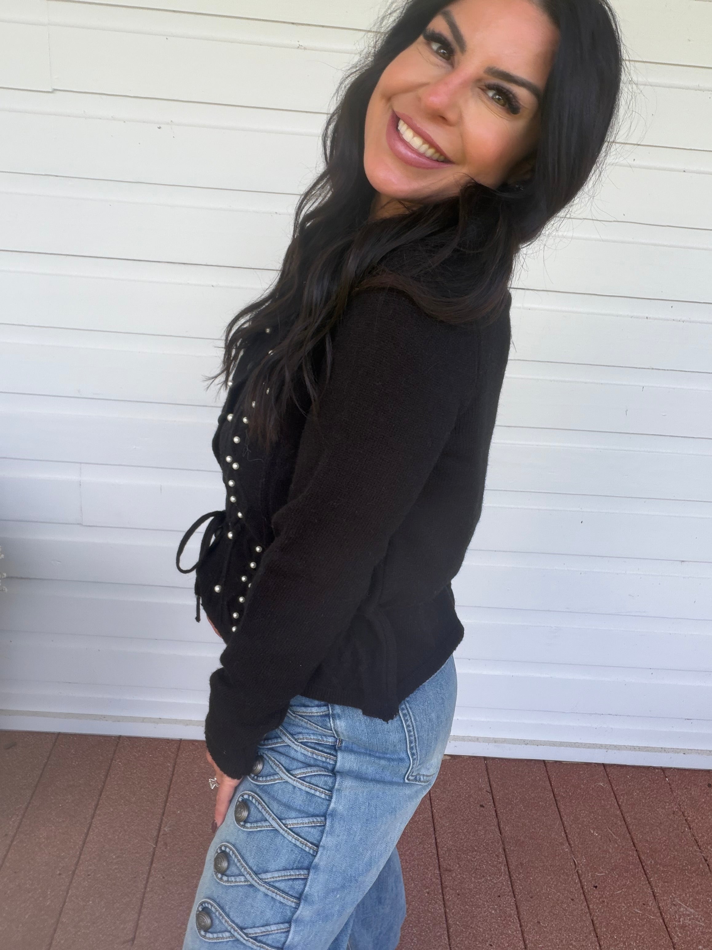 Black Pearl Studded Button Up Cardi